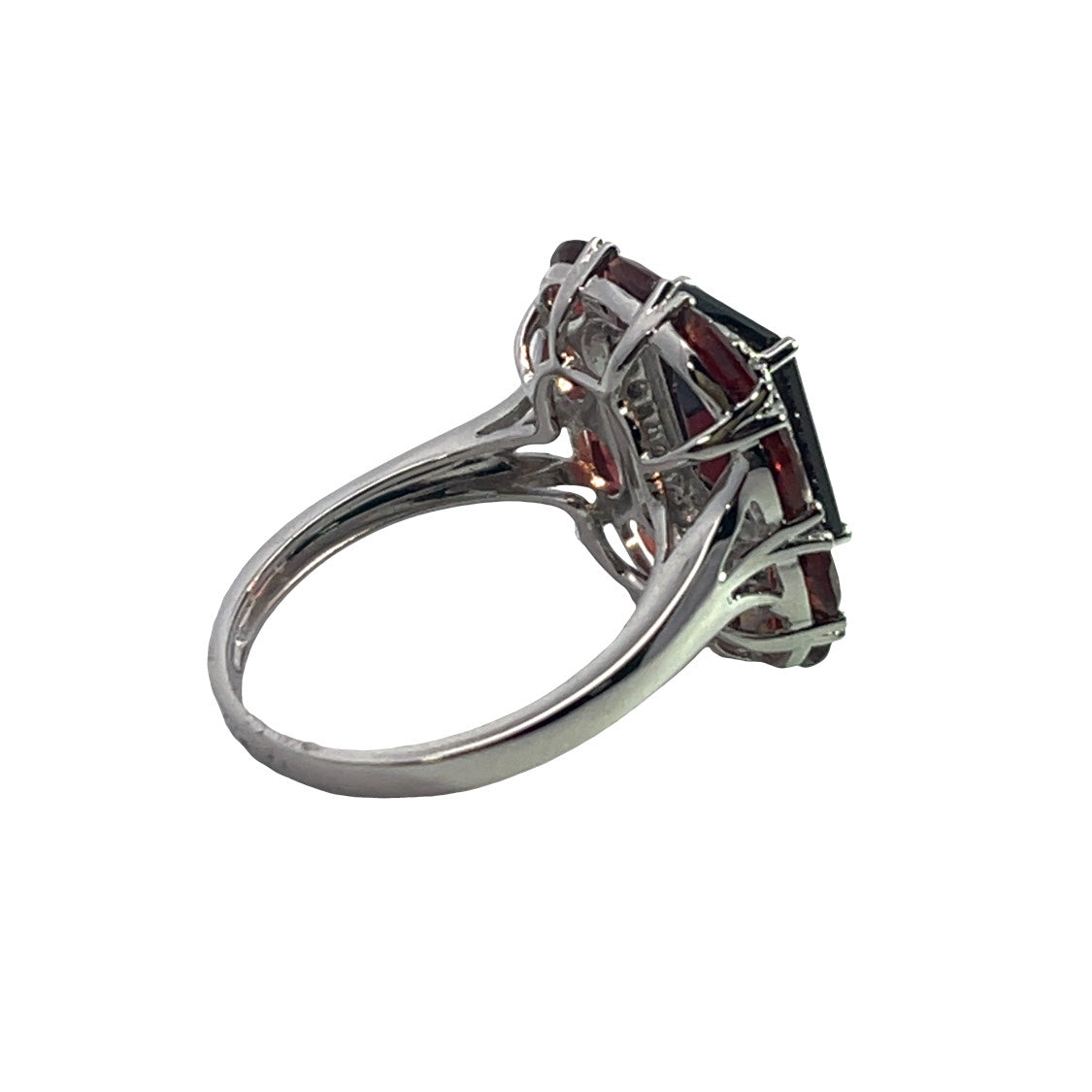 Modern Platinum, diamond and garnet halo ring
