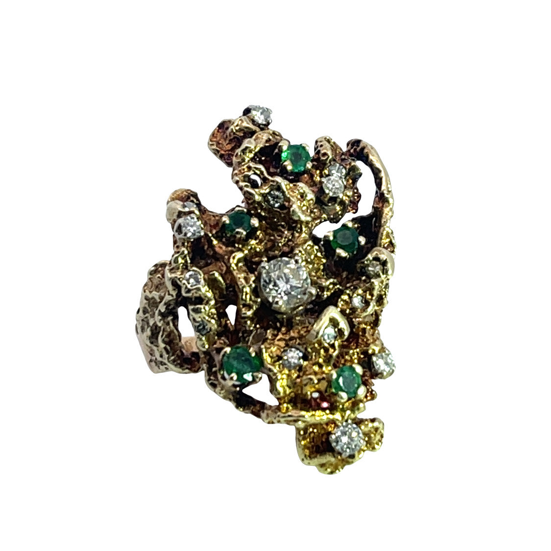 Brutalist 14KY gold, emerald and diamond ring