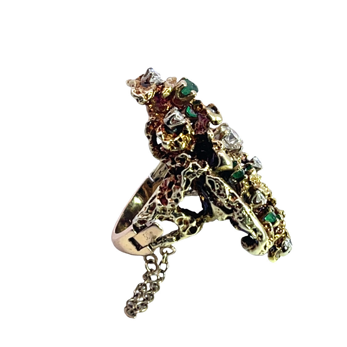 Brutalist 14KY gold, emerald and diamond ring