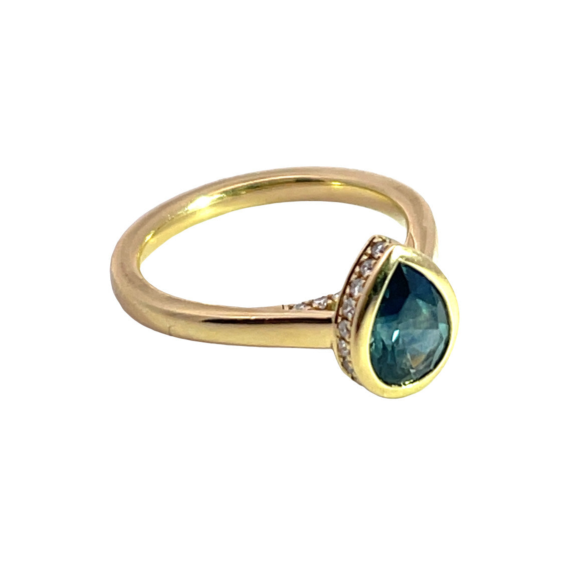 Modern 18KY gold and diamond, Montana sapphire ring
