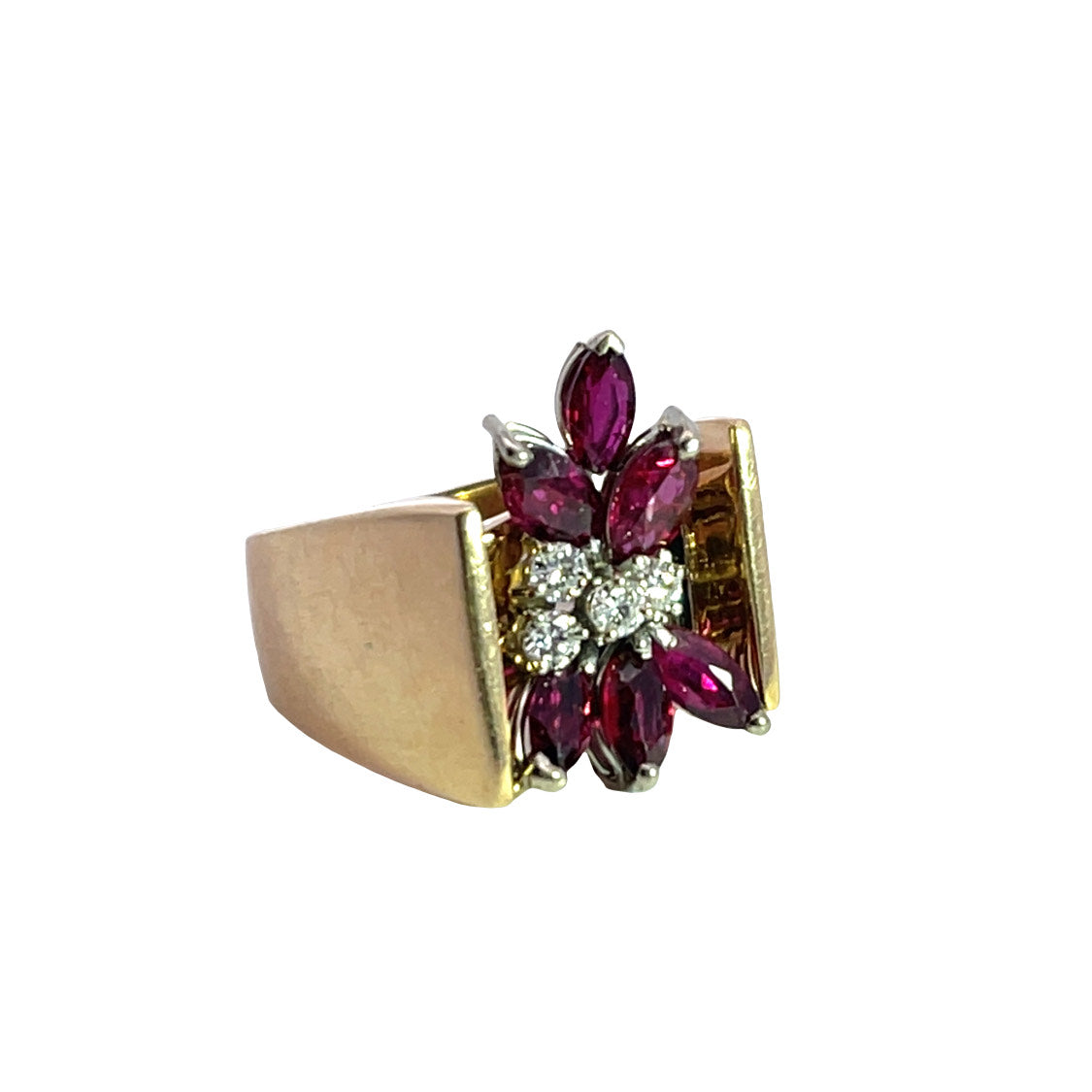 Modern 14KY gold, ruby and diamond cocktail ring