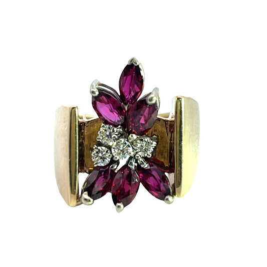Modern 14KY gold, ruby and diamond cocktail ring