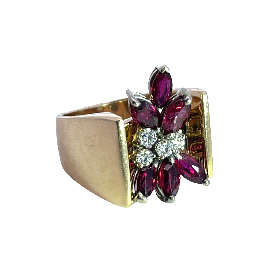 Modern 14KY gold, ruby and diamond cocktail ring
