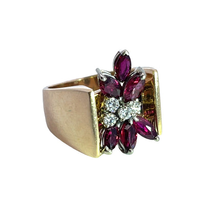 Modern 14KY gold, ruby and diamond cocktail ring