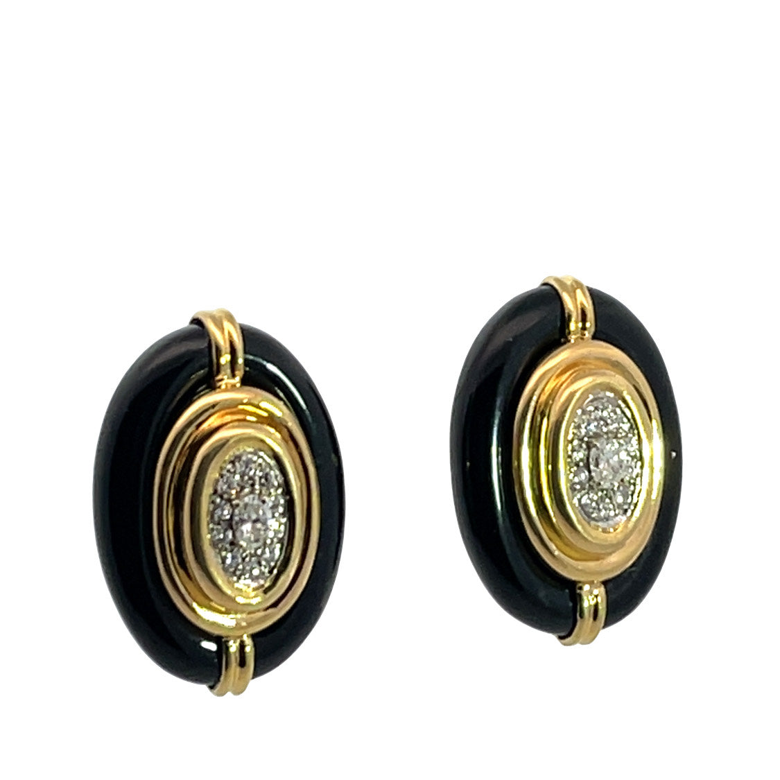 Mid Century Modern 18KY gold, round brilliant cut diamond, and carved onyx post earrings