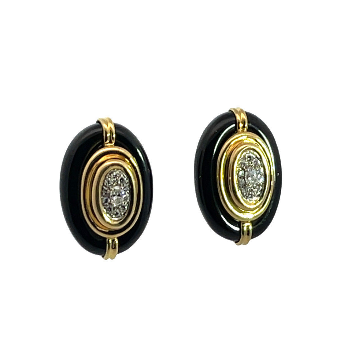 Mid Century Modern 18KY gold, round brilliant cut diamond, and carved onyx post earrings