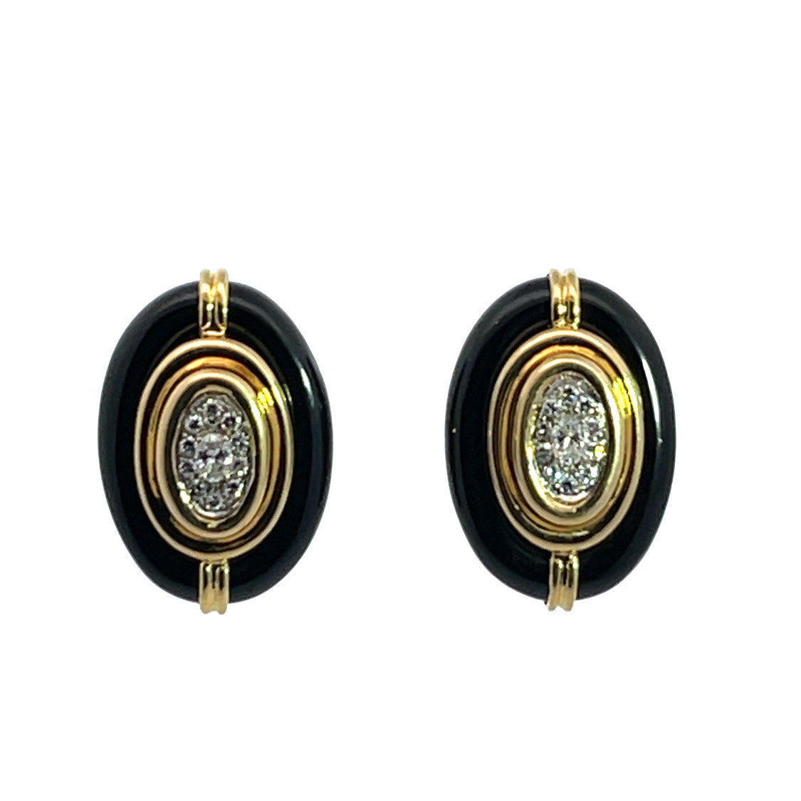Mid Century Modern 18KY gold, round brilliant cut diamond, and carved onyx post earrings