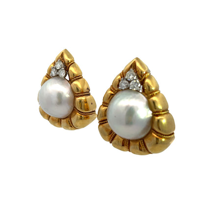 Mid Century Modern 18KY gold, Mabe Pearl, and diamond earrings