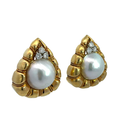 Mid Century Modern 18KY gold, Mabe Pearl, and diamond earrings