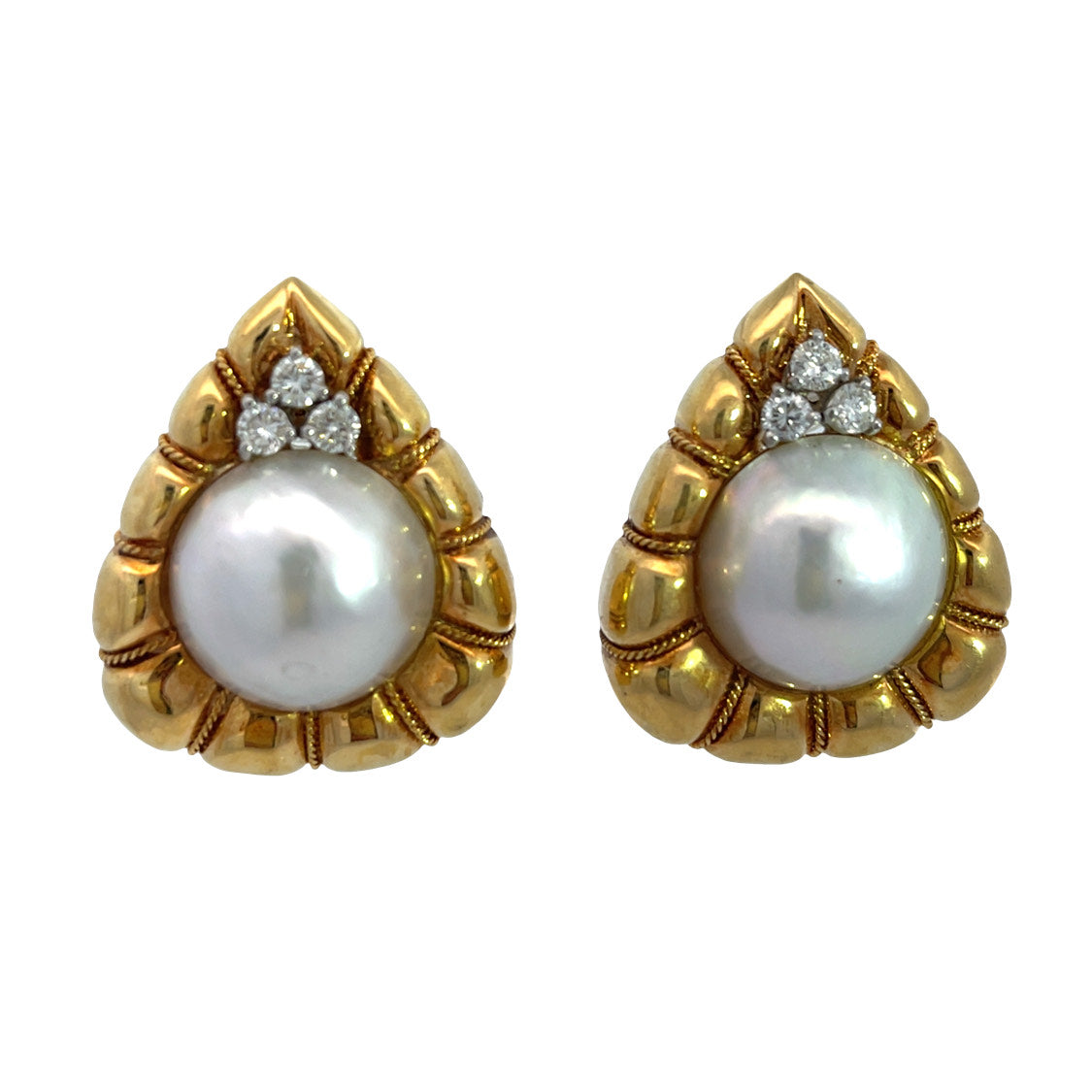 Mid Century Modern 18KY gold, Mabe Pearl, and diamond earrings