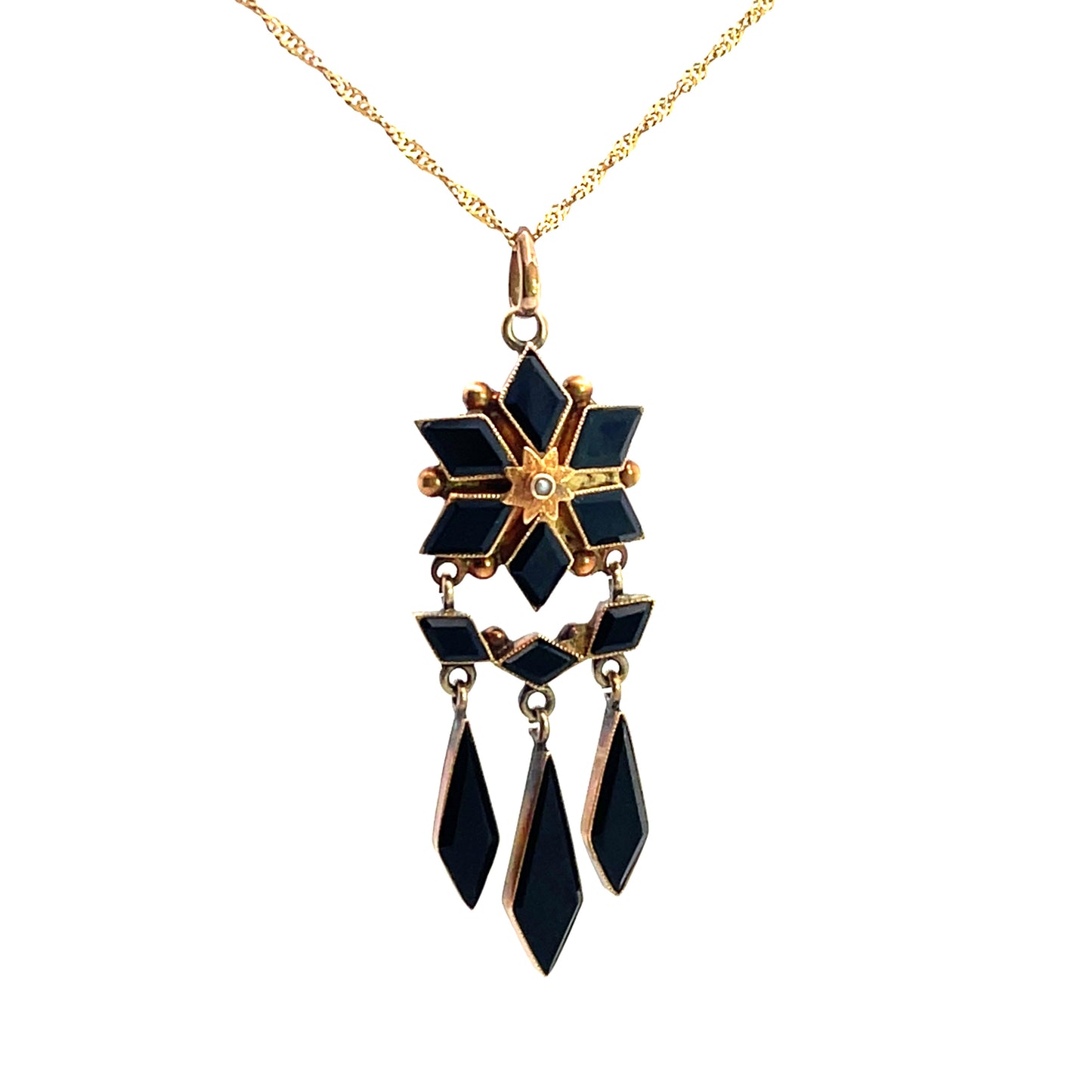 Victorian 18KY gold, 10KY gold, onyx and seed pearl pendant