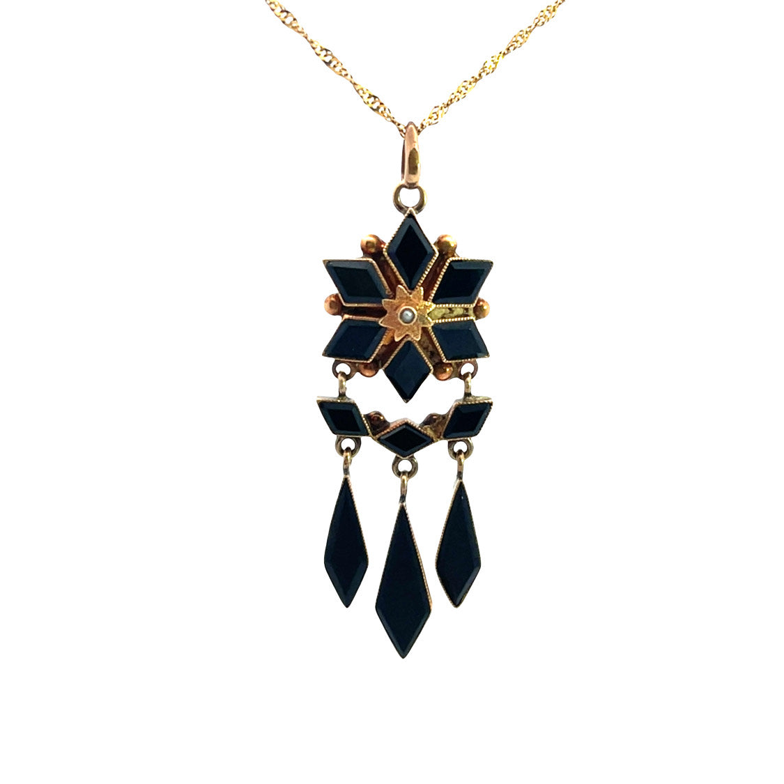 Victorian 18KY gold, 10KY gold, onyx and seed pearl pendant