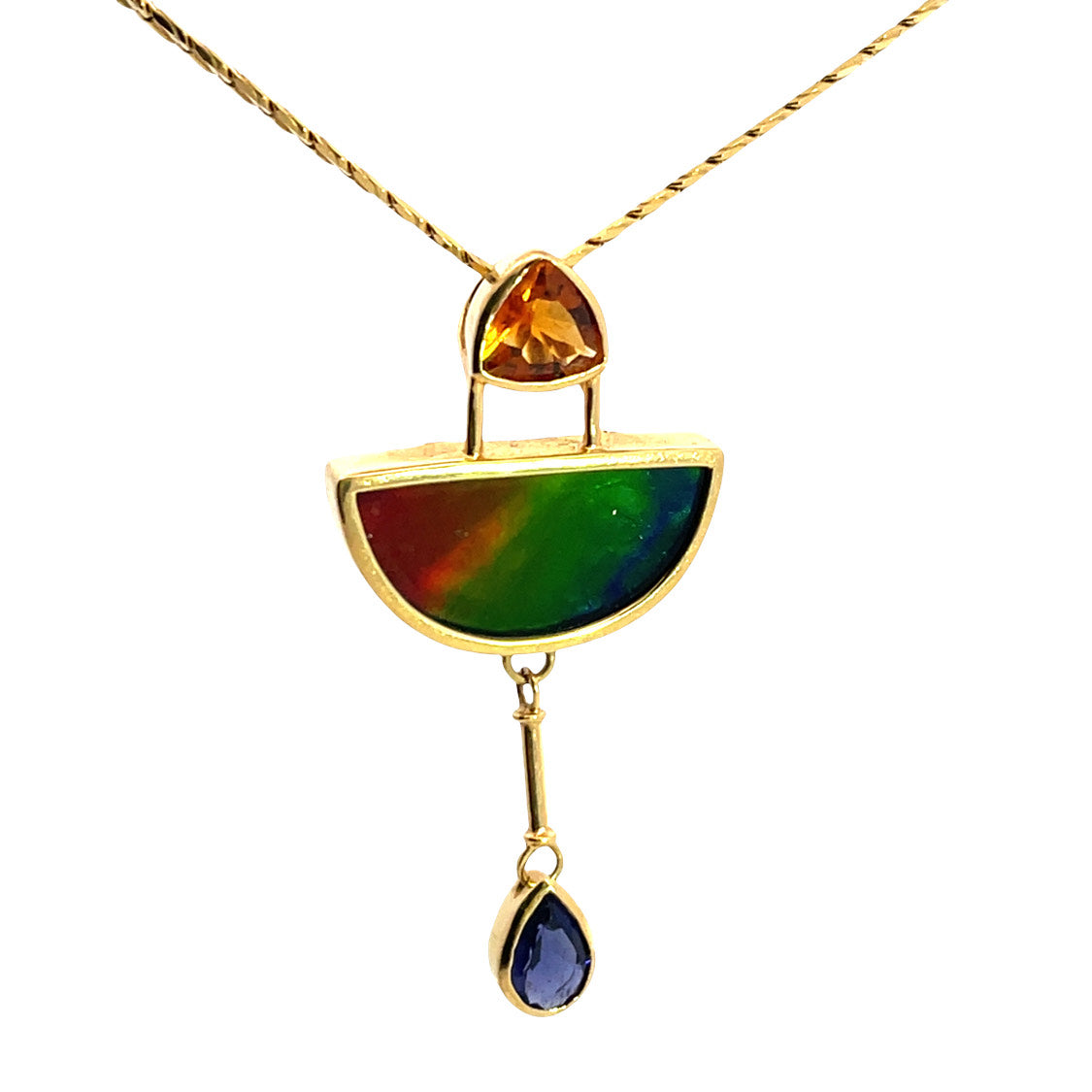 Modern 18KY gold, citrine, iolite, and ammolite pendant with chain