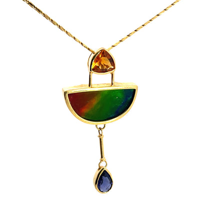 Modern 18KY gold, citrine, iolite, and ammolite pendant with chain
