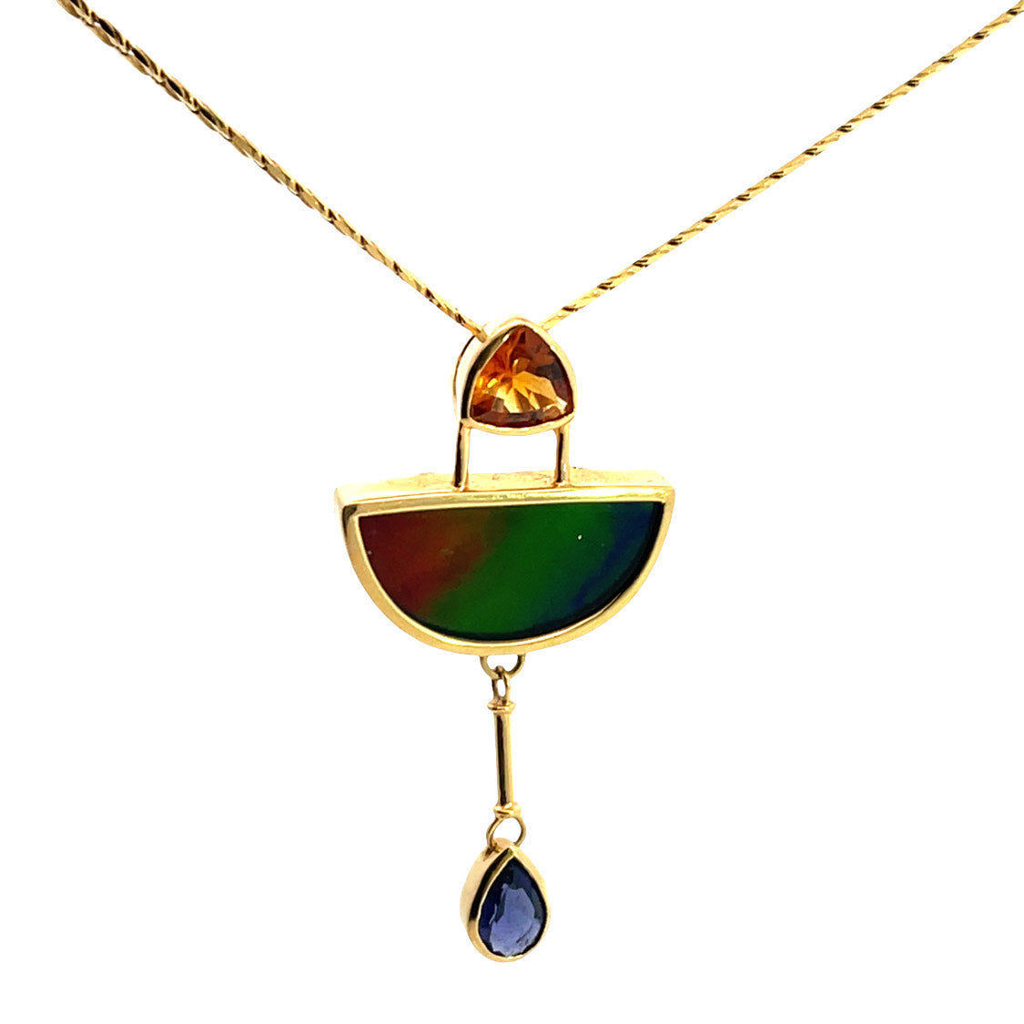 Modern 18KY gold, citrine, iolite, and ammolite pendant with chain