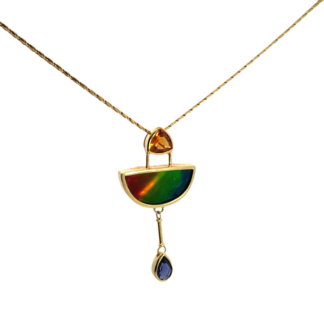 Modern 18KY gold, citrine, iolite, and ammolite pendant with chain