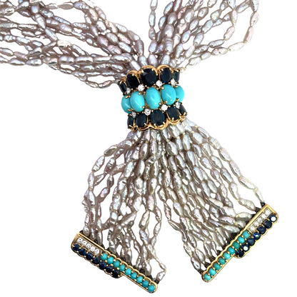Modern 18KY gold, diamond, sapphire, Persian turquoise, 10 strand rice pearl necklace