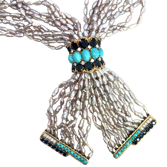 Modern 18KY gold, diamond, sapphire, Persian turquoise, 10 strand rice pearl necklace