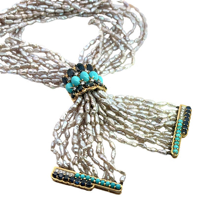 Modern 18KY gold, diamond, sapphire, Persian turquoise, 10 strand rice pearl necklace