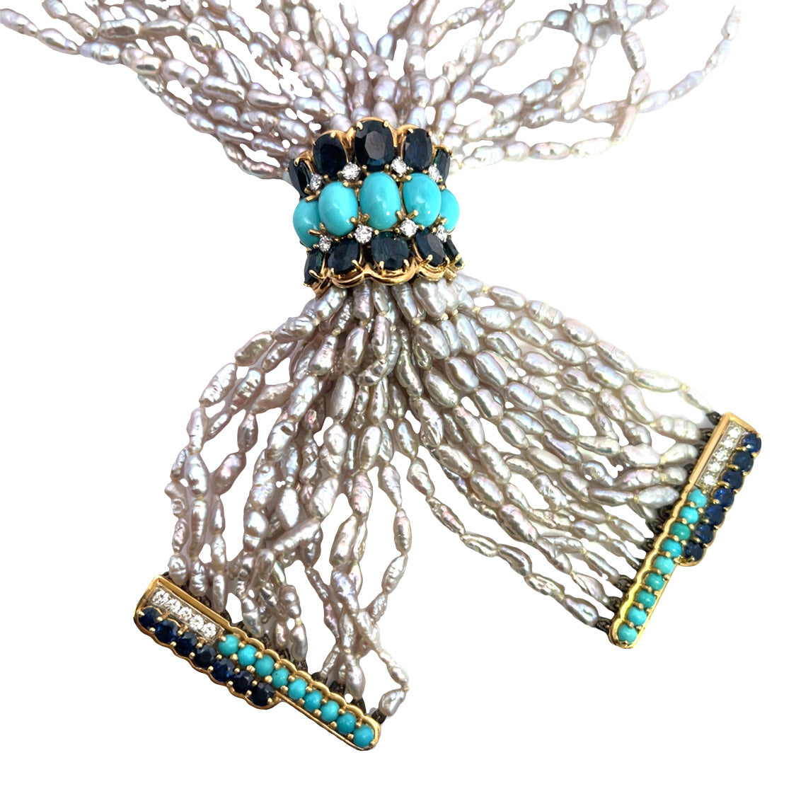 Modern 18KY gold, diamond, sapphire, Persian turquoise, 10 strand rice pearl necklace