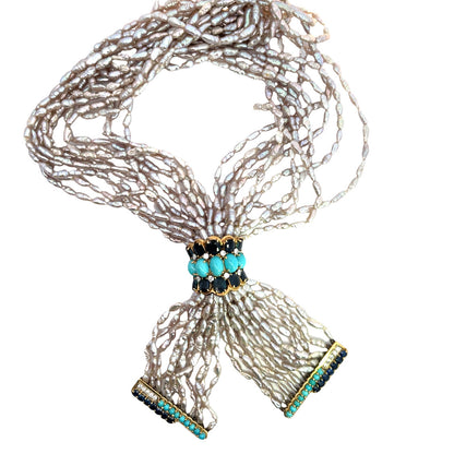Modern 18KY gold, diamond, sapphire, Persian turquoise, 10 strand rice pearl necklace