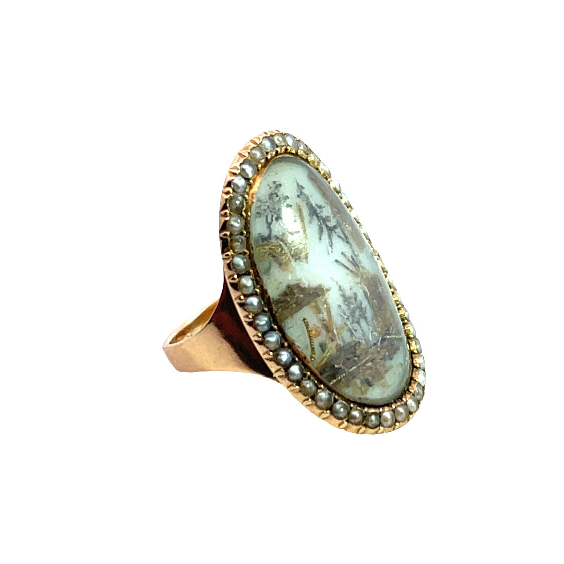 Georgian 15KY gold seed pearl and human hair mourning ring