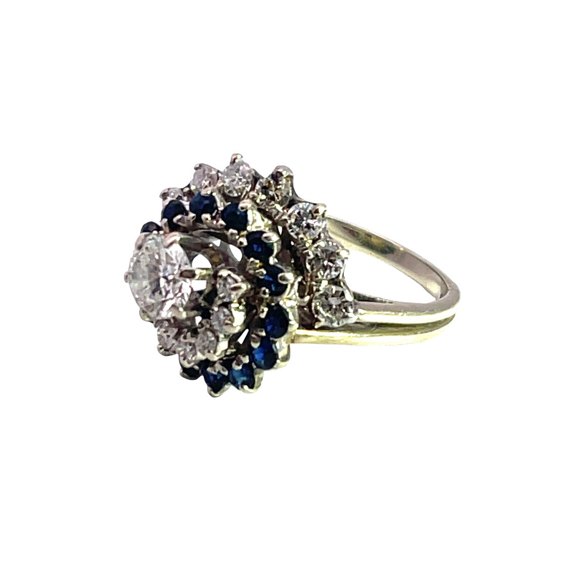 Mid Century Modern 18K white gold diamond and sapphire cocktail ring
