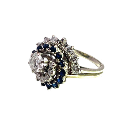 Mid Century Modern 18K white gold diamond and sapphire cocktail ring