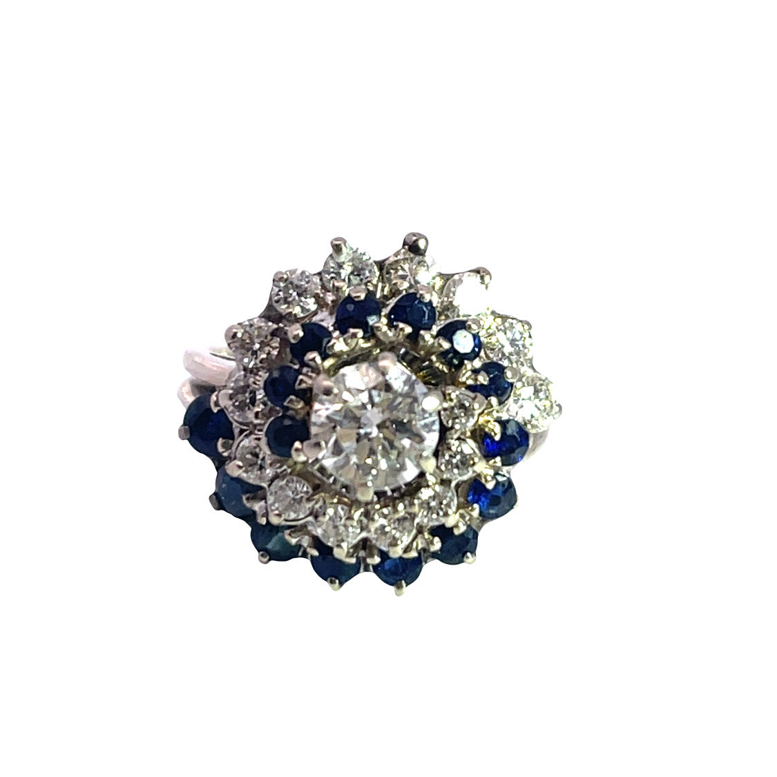 Mid Century Modern 18K white gold diamond and sapphire cocktail ring