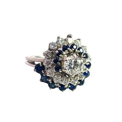 Mid Century Modern 18K white gold diamond and sapphire cocktail ring
