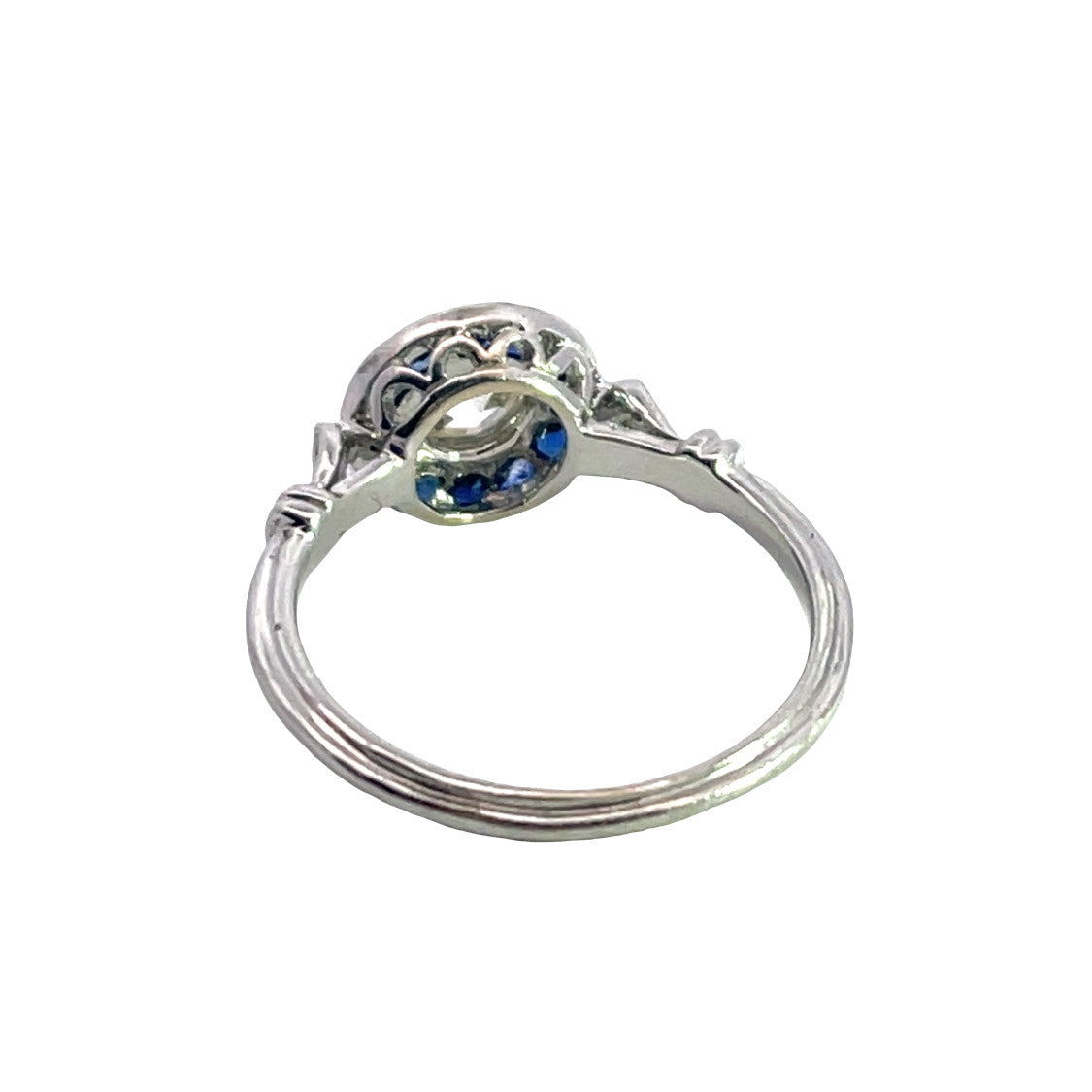 Art Deco and Modern 14K white gold, diamond and blue sapphire ring