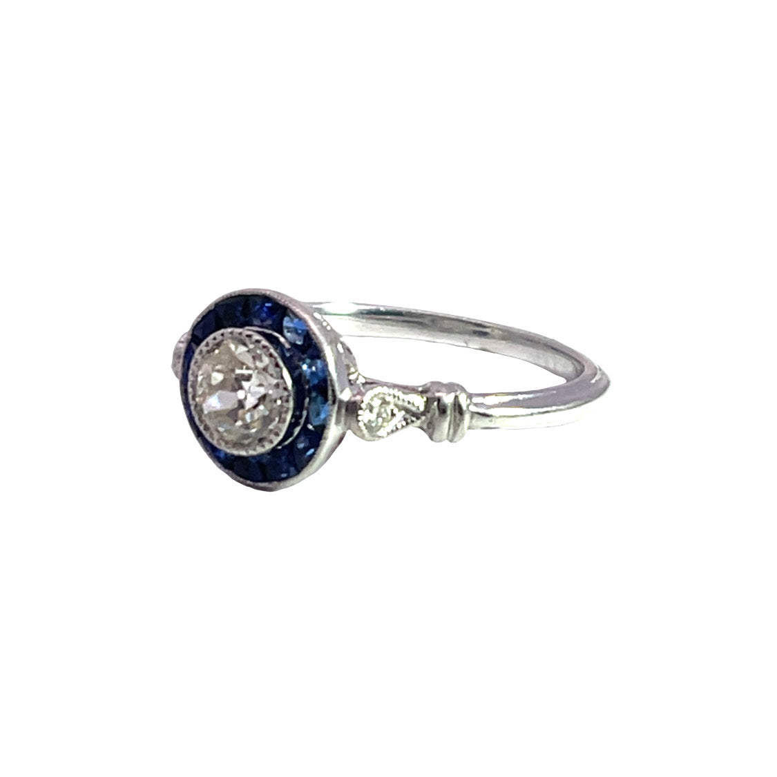 Art Deco and Modern 14K white gold, diamond and blue sapphire ring