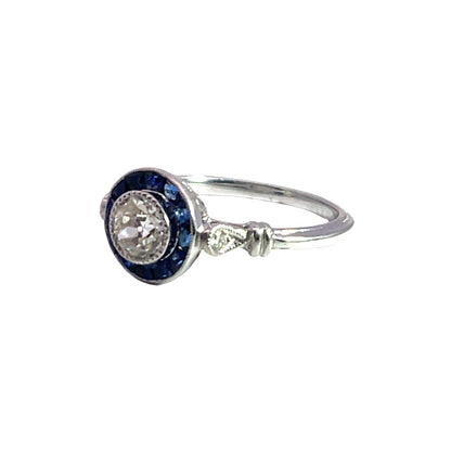 Art Deco and Modern 14K white gold, diamond and blue sapphire ring