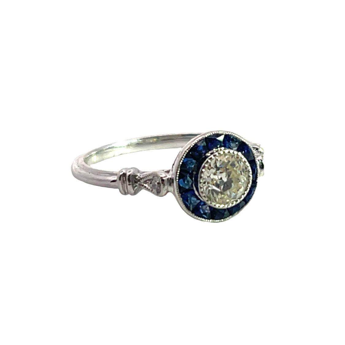 Art Deco and Modern 14K white gold, diamond and blue sapphire ring