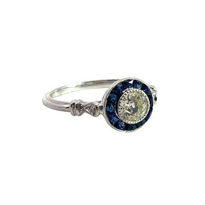 Art Deco and Modern 14K white gold, diamond and blue sapphire ring