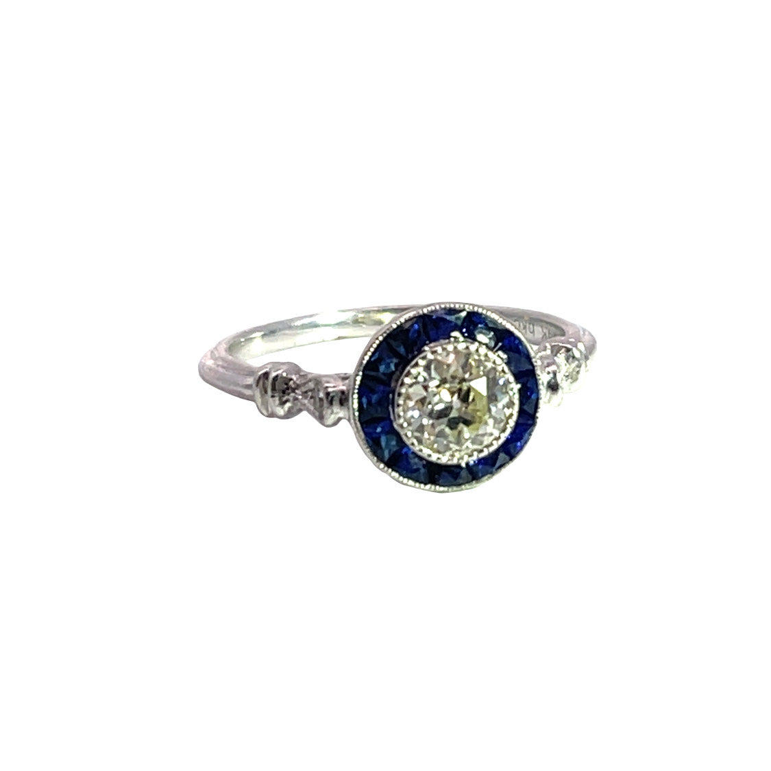 Art Deco and Modern 14K white gold, diamond and blue sapphire ring