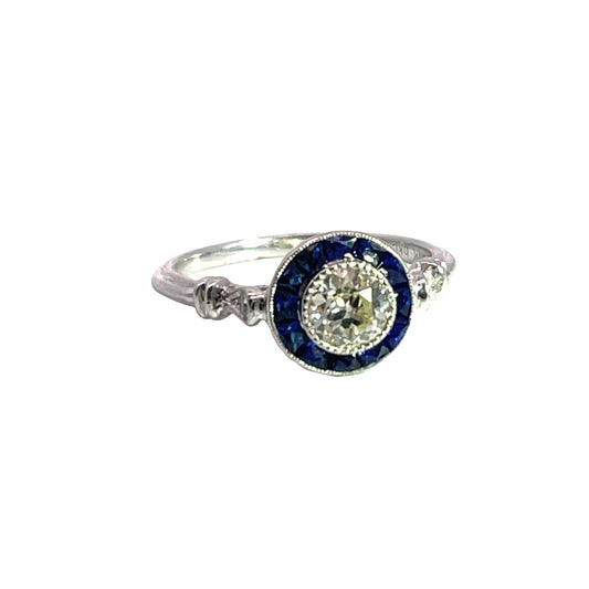Art Deco and Modern 14K white gold, diamond and blue sapphire ring