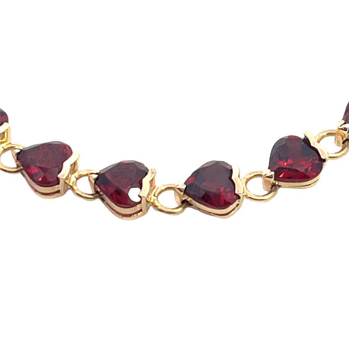 Modern 14KY gold and heart shaped garnet link tennis bracelet