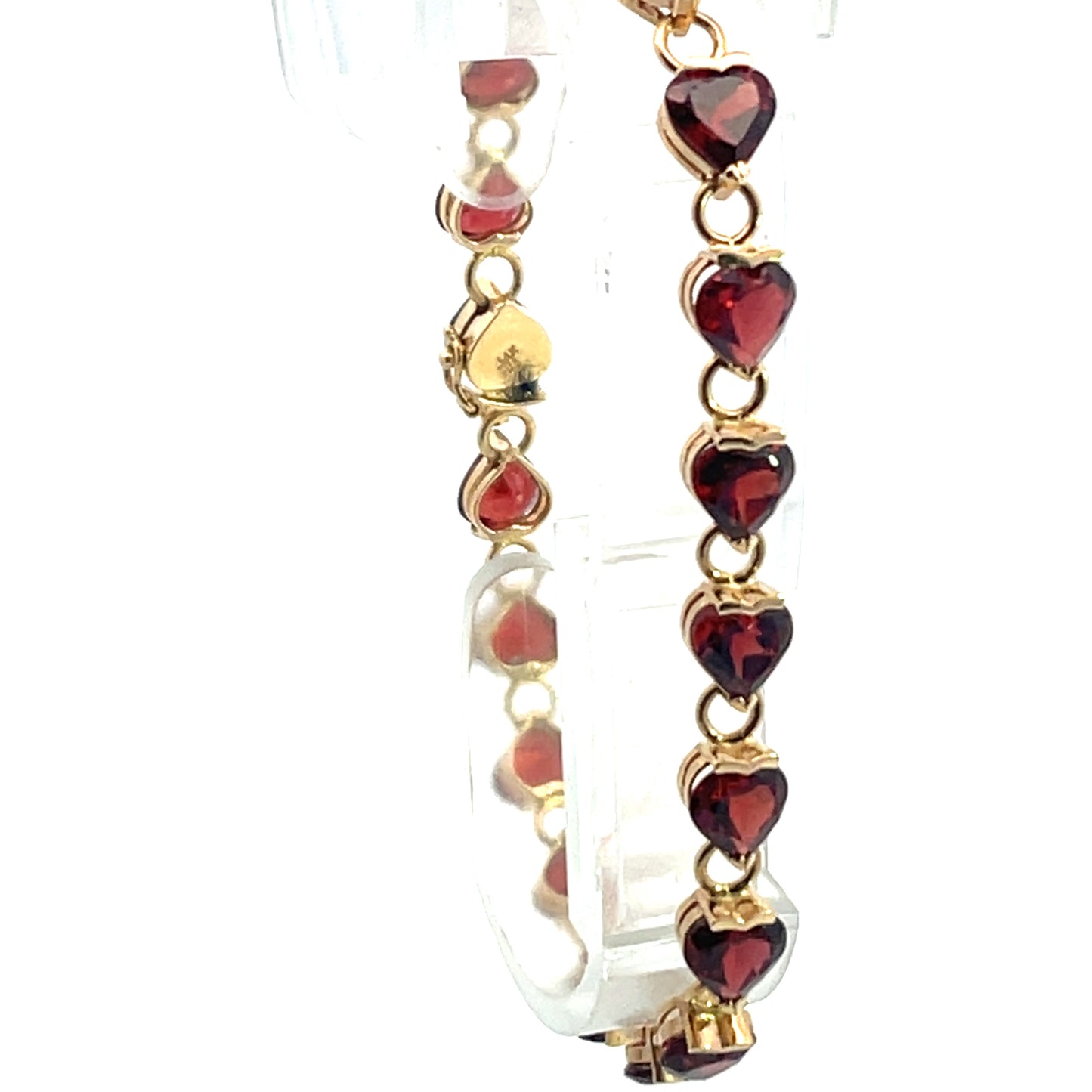 Modern 14KY gold and heart shaped garnet link tennis bracelet