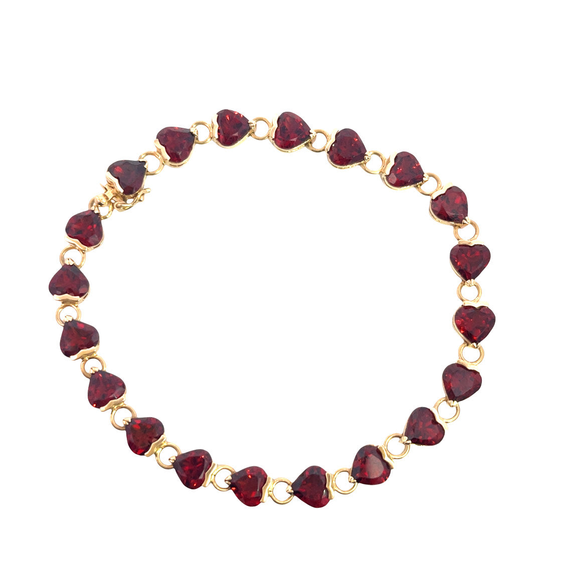 Modern 14KY gold and heart shaped garnet link tennis bracelet