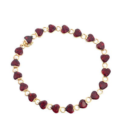 Modern 14KY gold and heart shaped garnet link tennis bracelet