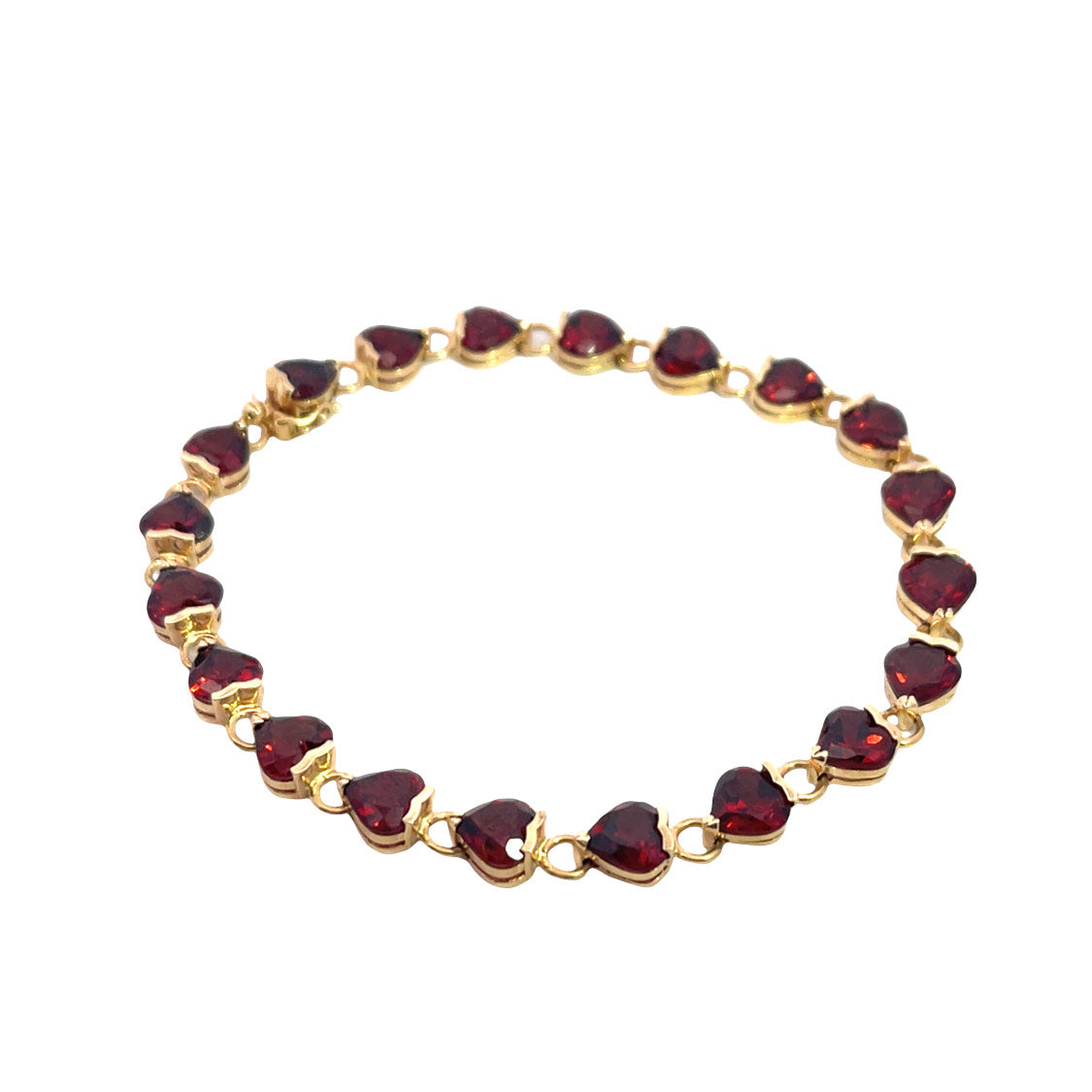 Modern 14KY gold and heart shaped garnet link tennis bracelet
