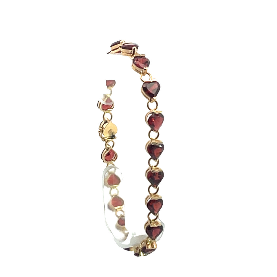 Modern 14KY gold and heart shaped garnet link tennis bracelet
