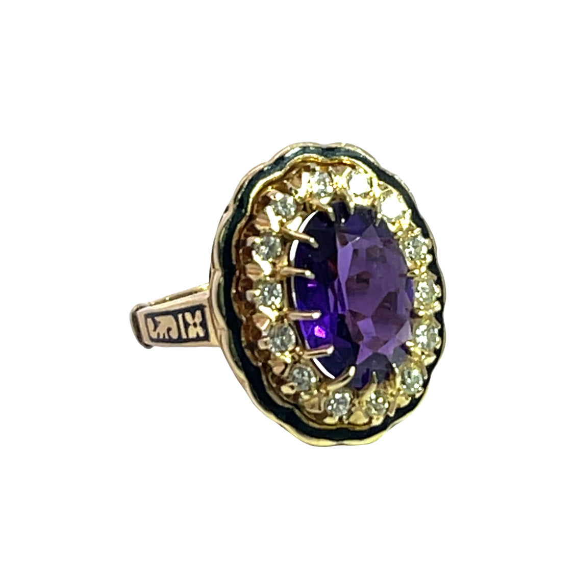 Victorian Revival 14KY gold amethyst, diamond and enamel cocktail ring