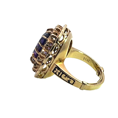 Victorian Revival 14KY gold amethyst, diamond and enamel cocktail ring