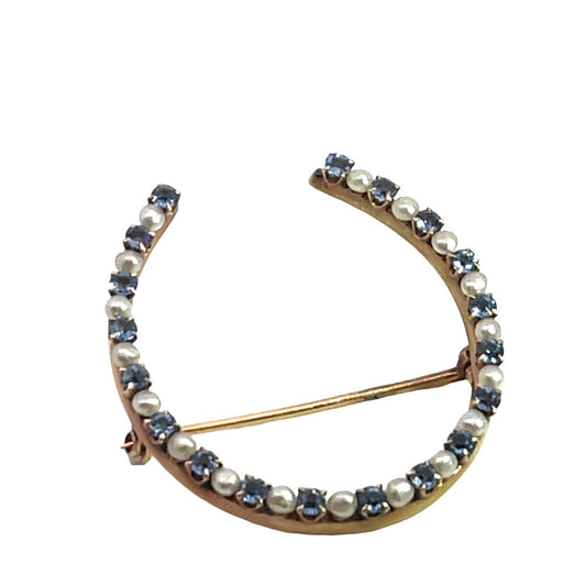 Modern 14KY gold, sapphire and pearl Krementz horseshoe pin