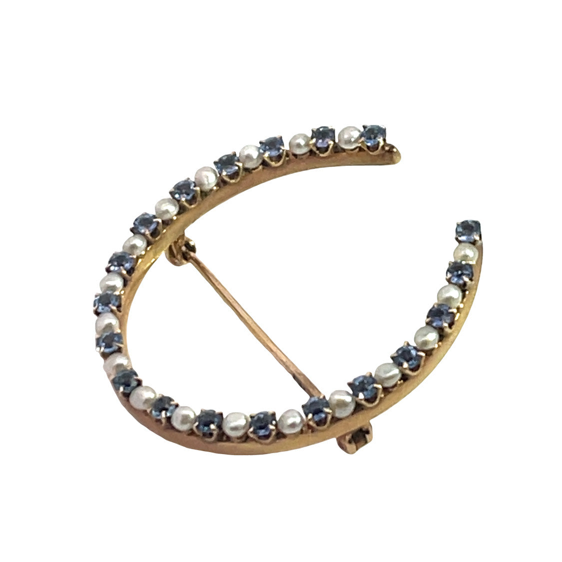 Modern 14KY gold, sapphire and pearl Krementz horseshoe pin