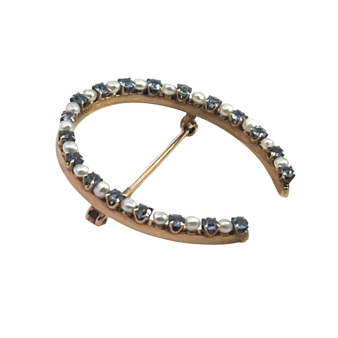 Modern 14KY gold, sapphire and pearl Krementz horseshoe pin