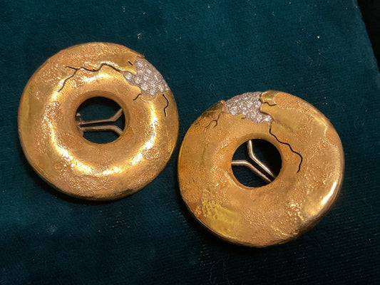 Modern 18KY and white gold and diamond Yves Kamioner 'donut style' omega back post earrings