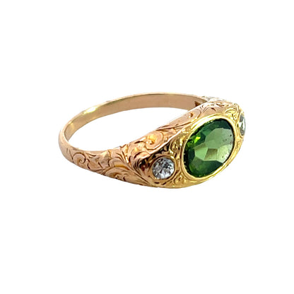 Victorian 14KY gold and tourmaline diamond hand carved ring